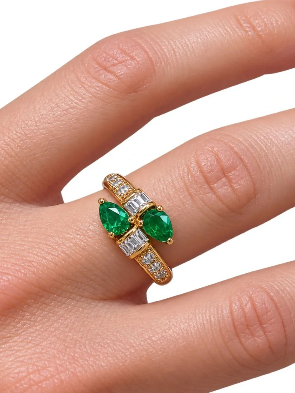 Gold Ring with Emerald Green Pear Stones and Clear Accents